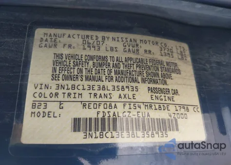 2008 Nissan Versa 1.8Sl из США, поврежденный, VIN 3N1BC13E38L358935